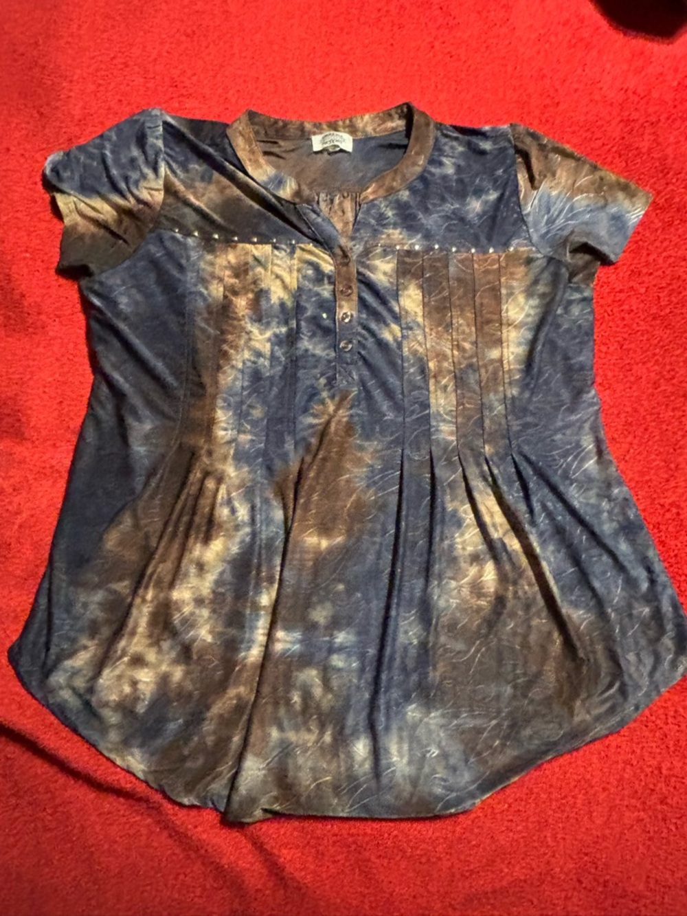 Sienna Grace Tie-Dye Short Sleeve Women’s Top in Blue and Brown XXL